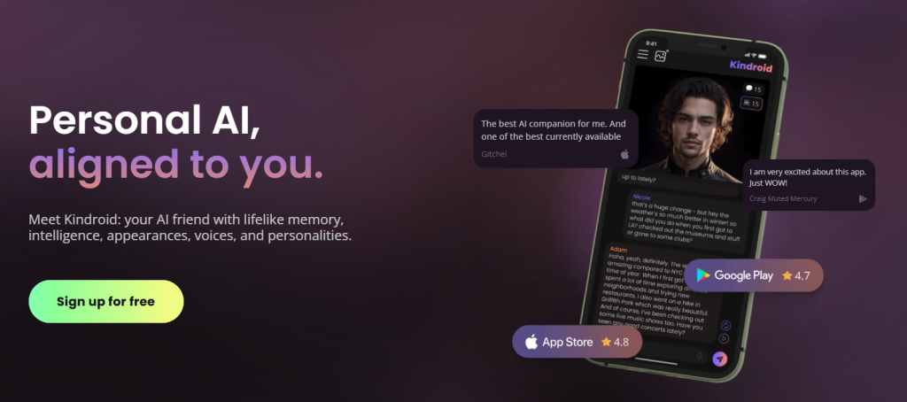 kindroid ai website interface