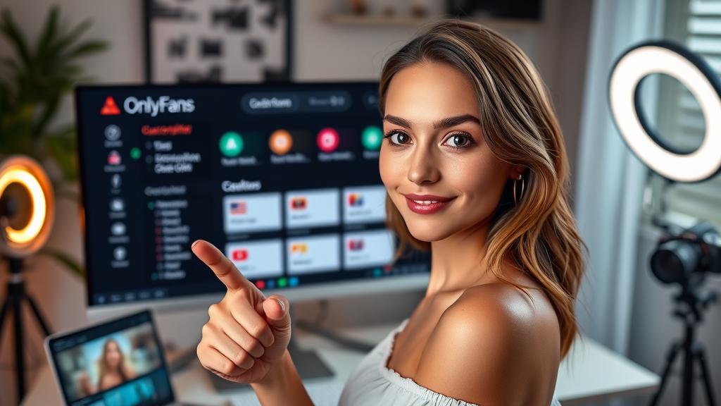 Creator dashboard on a monitor in a modern workspace, representing OnlyFans tiers and subscription choices