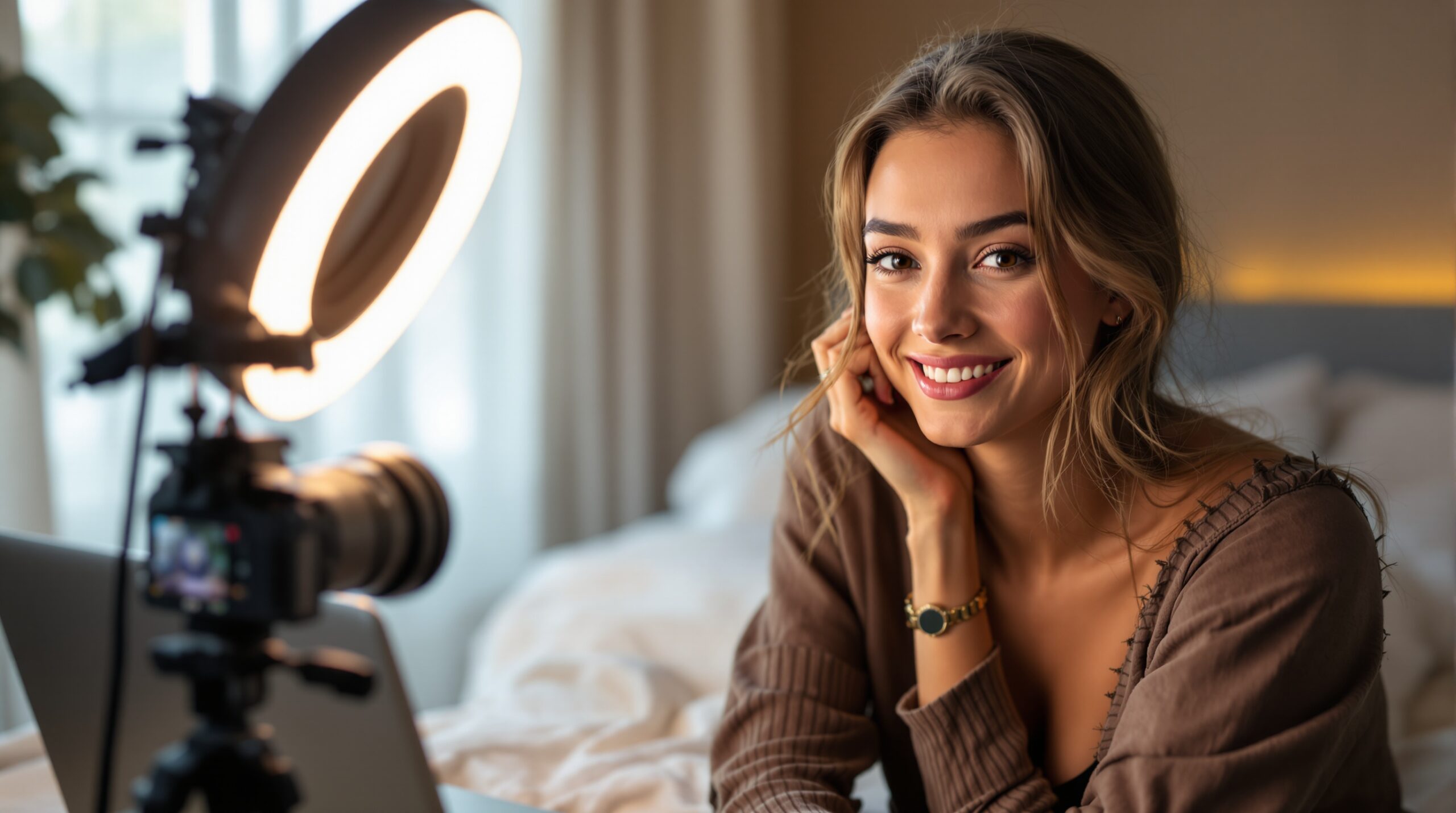 Tasteful home studio setup for a webcam model with lighting, camera, and laptop