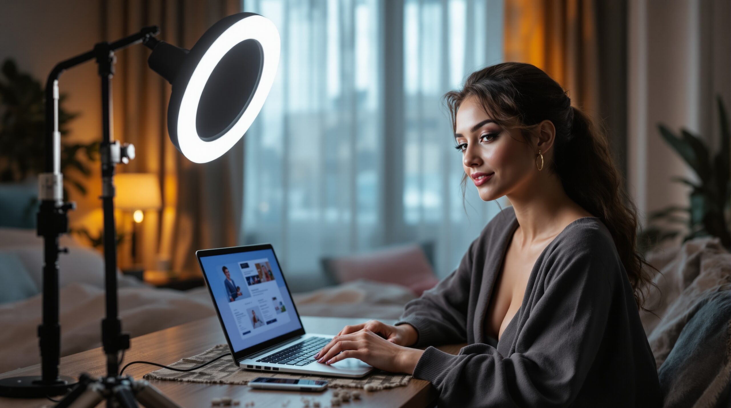 Photorealistic creator setup with ring light and laptop in a modern home studio.