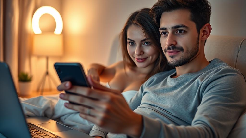 Woman using a smartphone in a bedroom setting, representing a private dirty talk AI chat experience.
