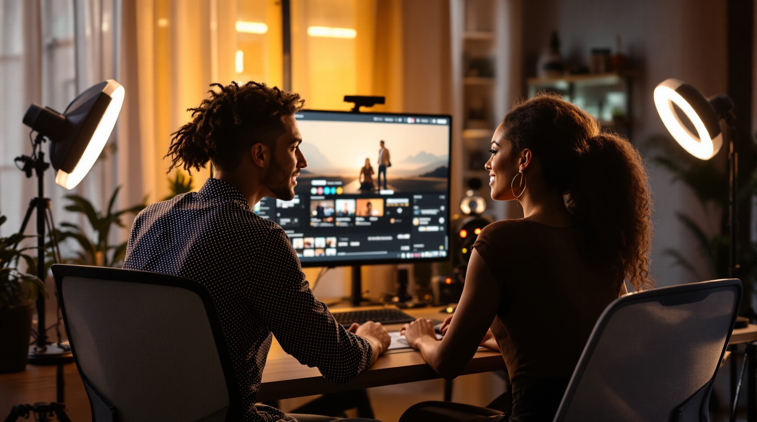 Modern streaming studio with lighting, monitor glow, and a creator setup for couple camming