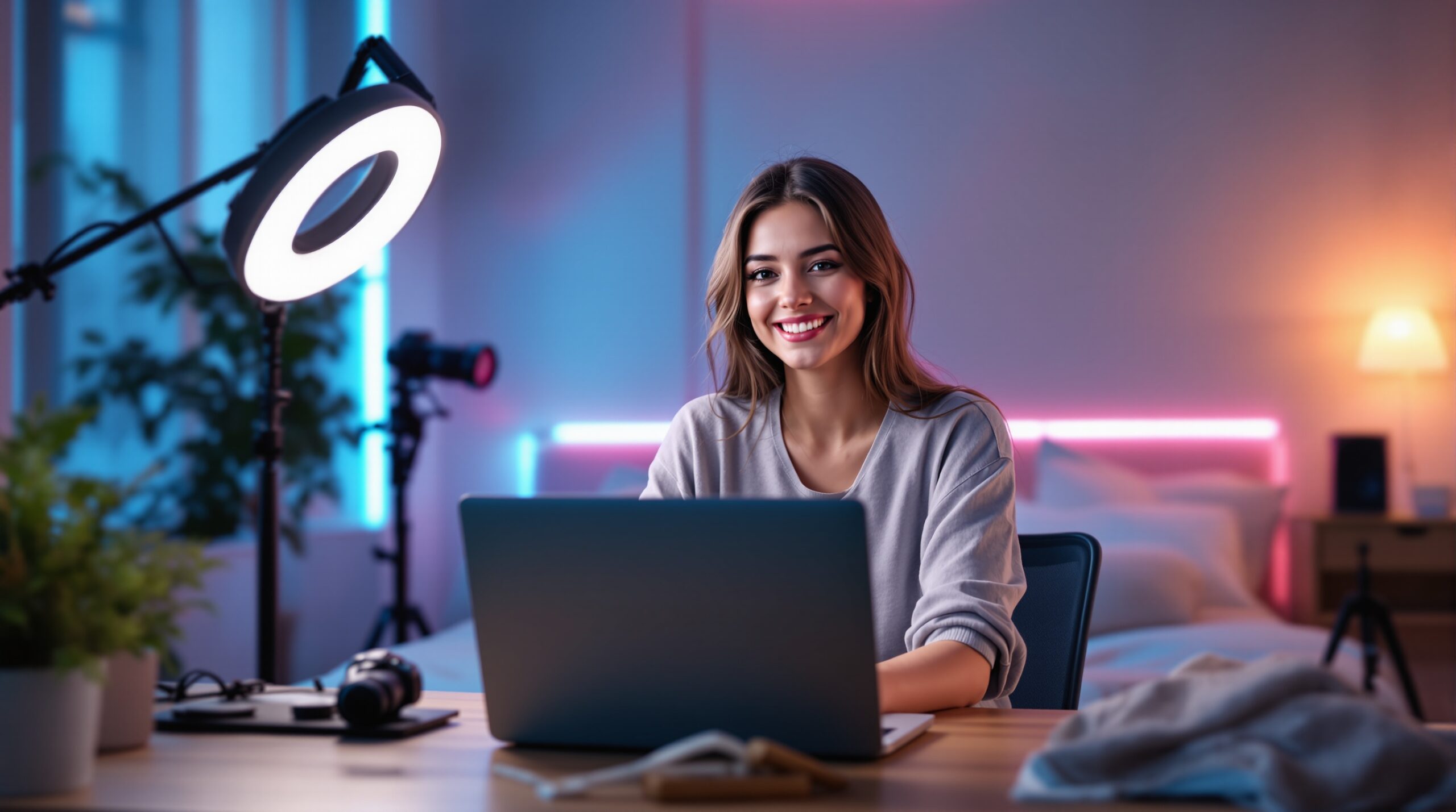 Beginner webcam model in a clean home studio preparing to start streaming