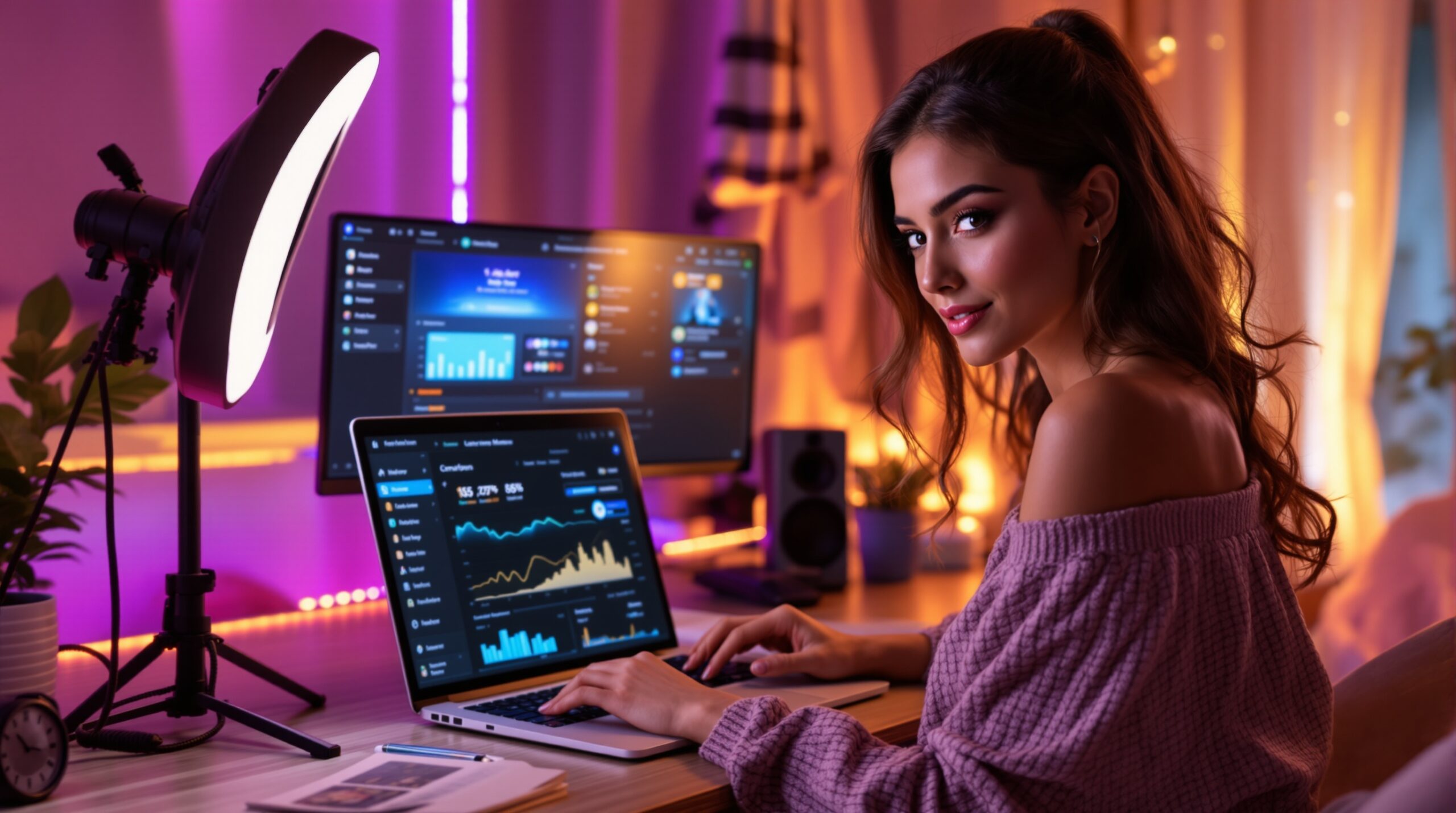 Laptop dashboard in a creator workspace for managing live streaming and payouts
