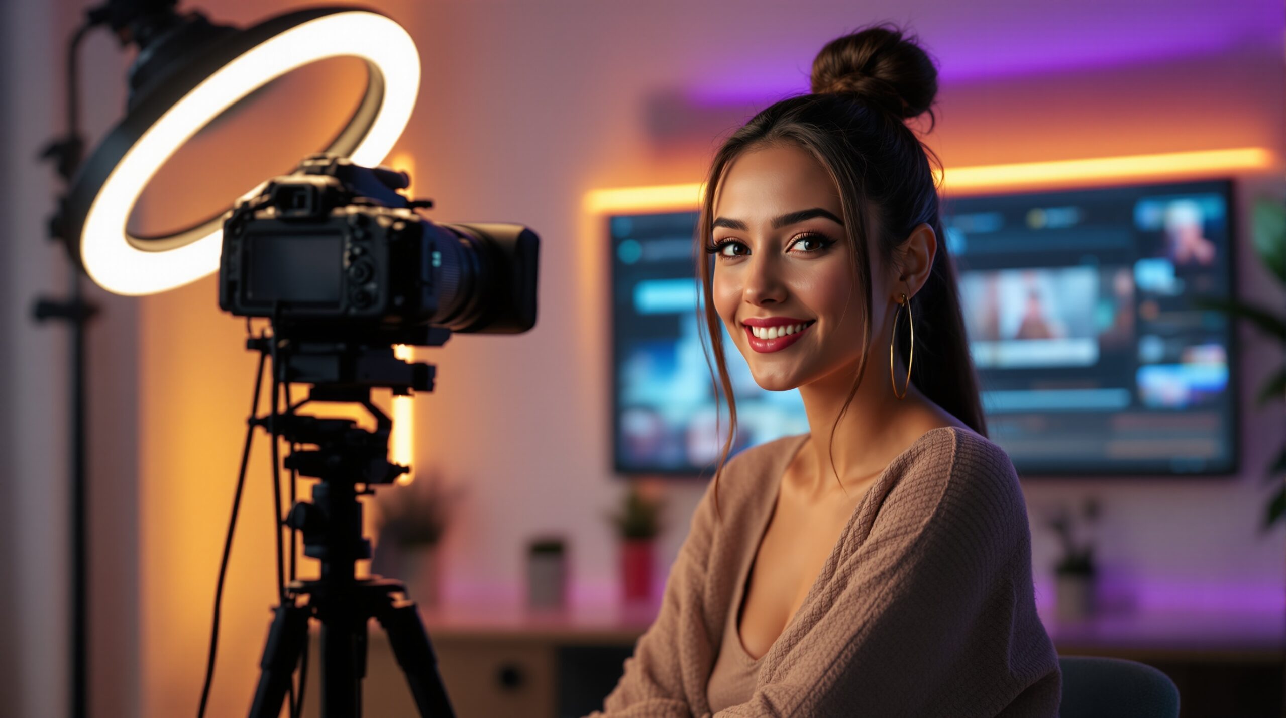 Modern creator studio setup for webcam modeling with camera, monitor, and soft lighting