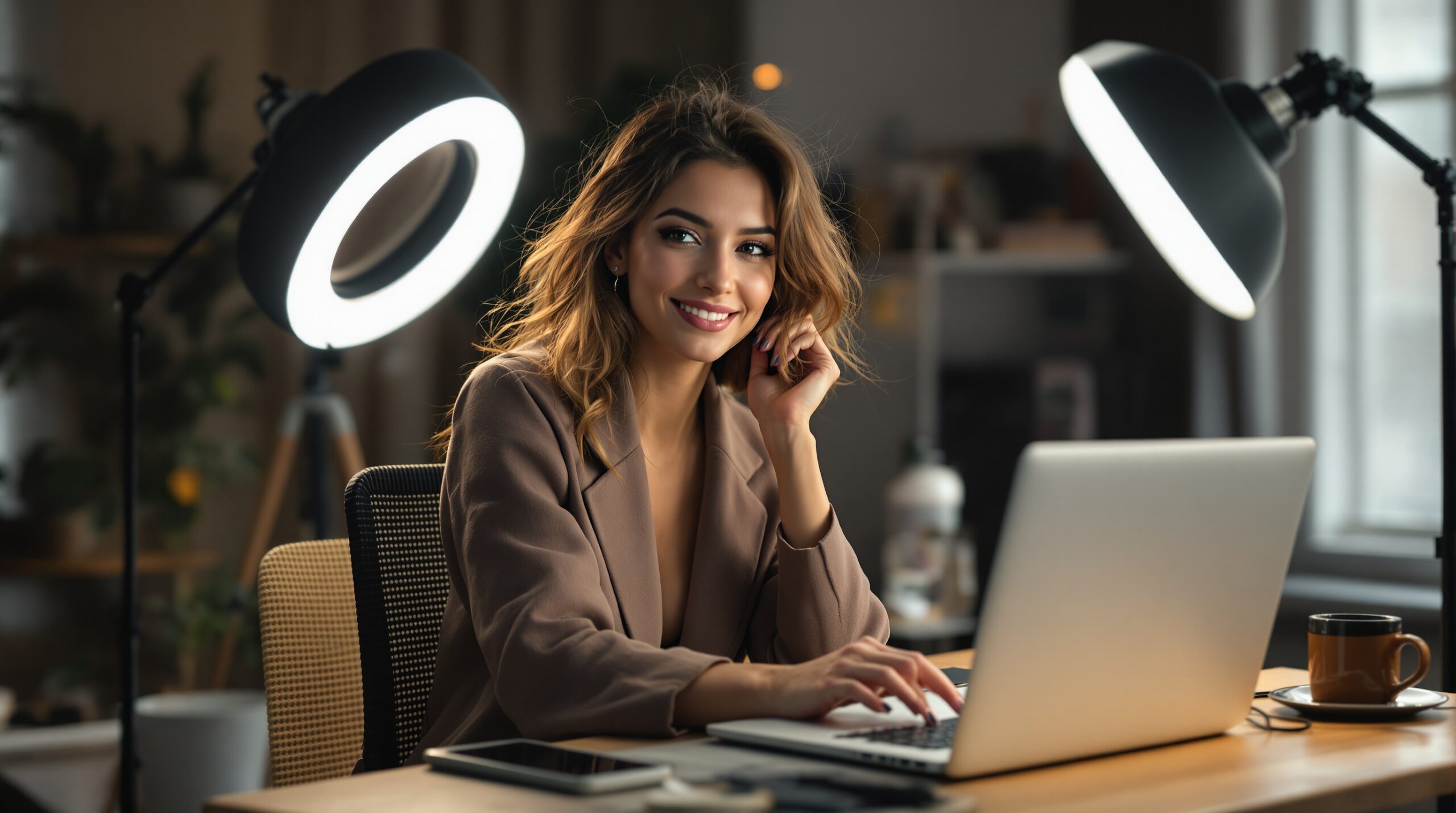 Photorealistic creator workspace with a laptop and studio lighting, showing a practical setup for entering adult content work.