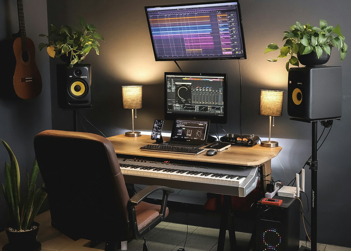 Modern home studio setup for a creator business with lighting, laptop, and monitor