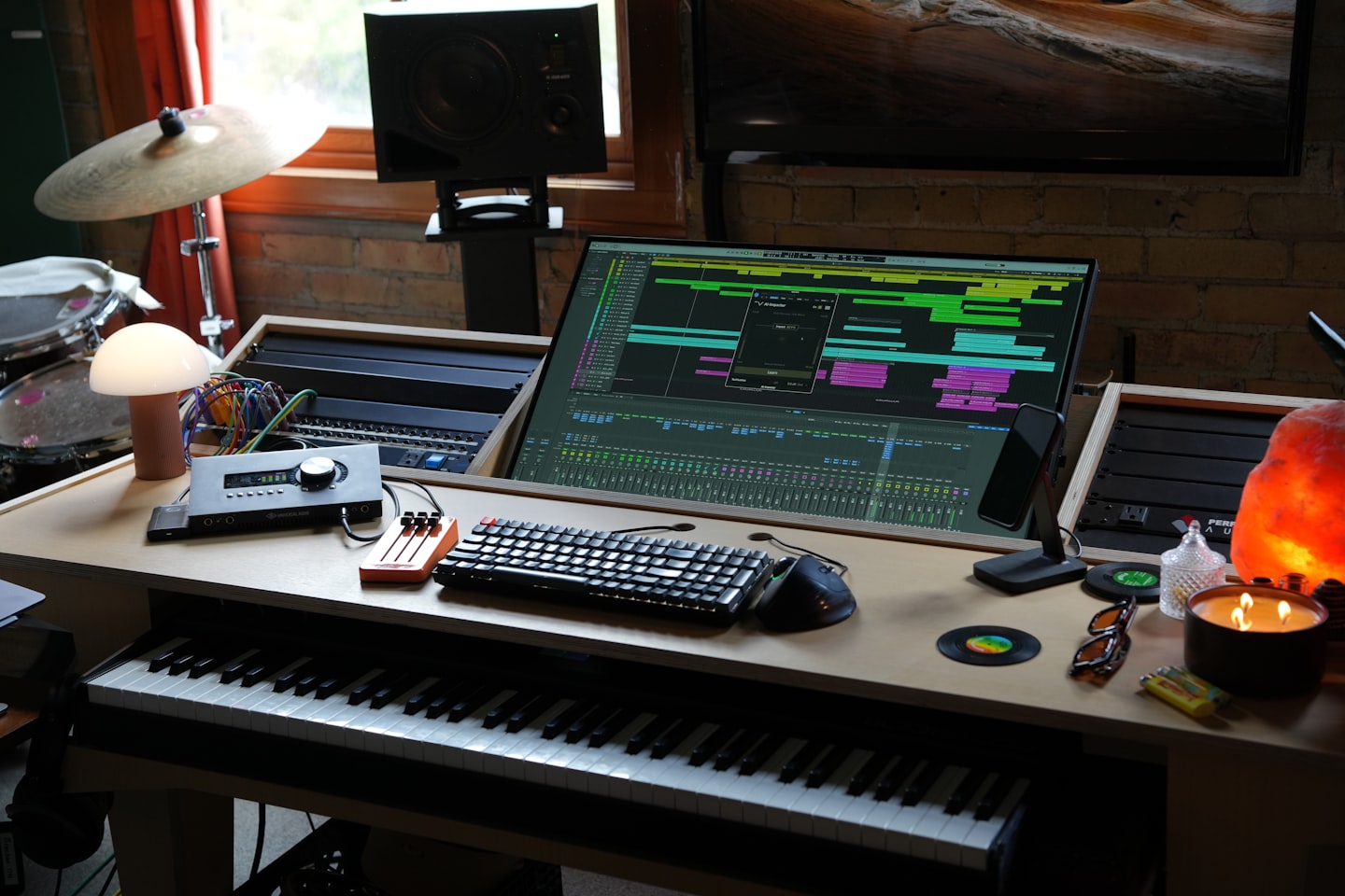 Stylish home studio workspace with laptop, monitor, and warm ambient lighting for a digital creator business