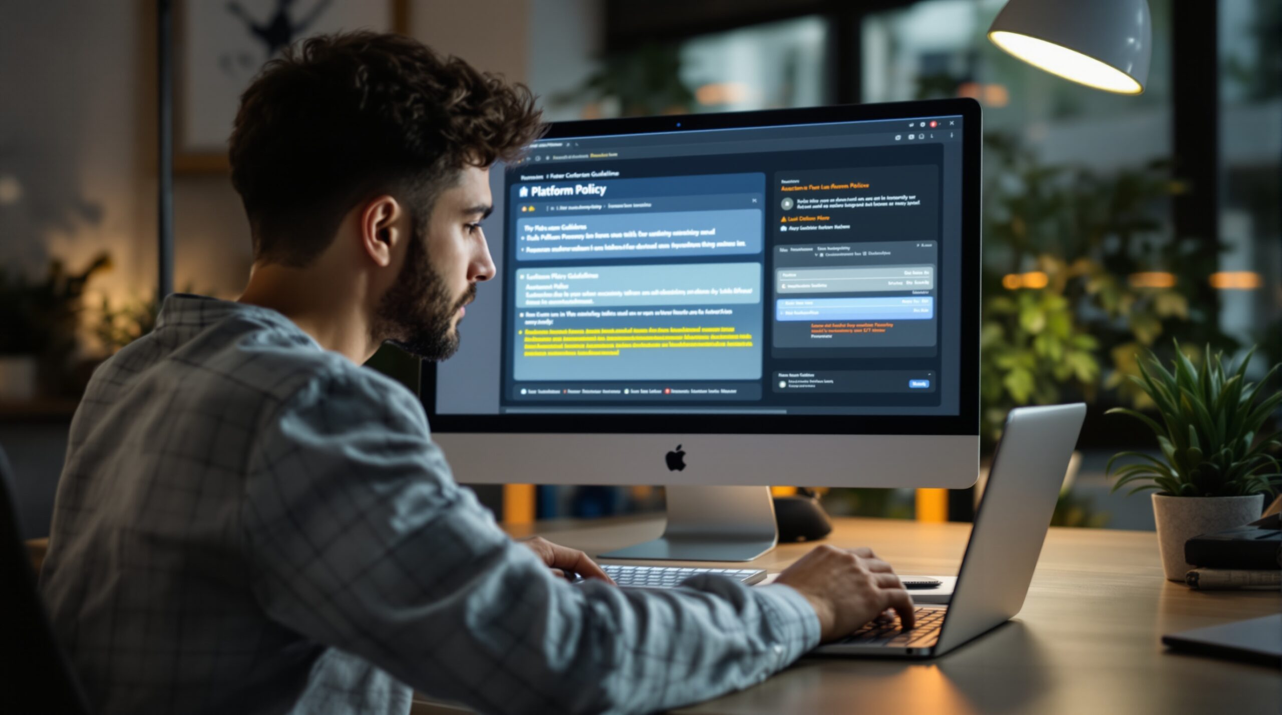 Creator reading platform policy guidelines on a laptop in a modern workspace