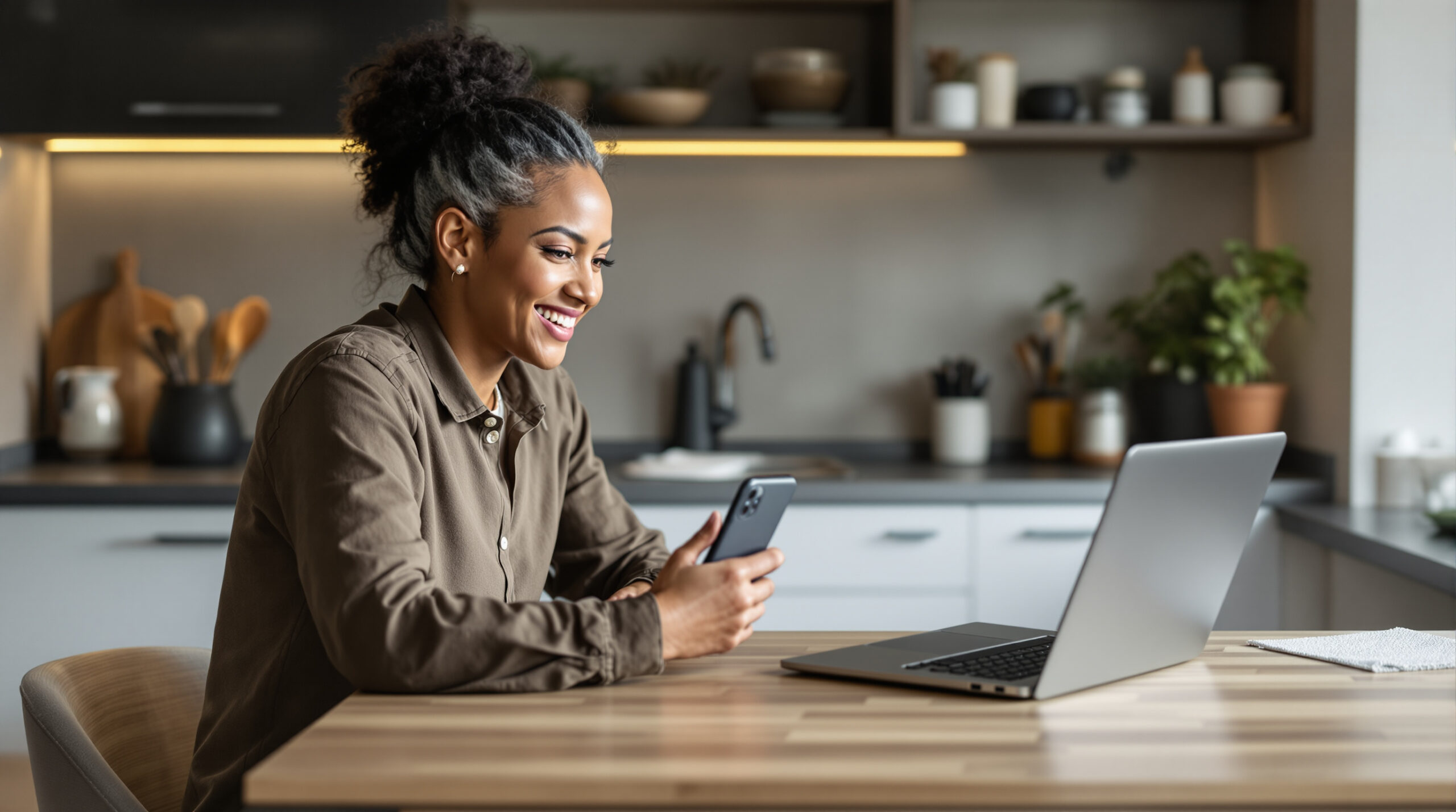 Adult testing a private video service on a phone and laptop