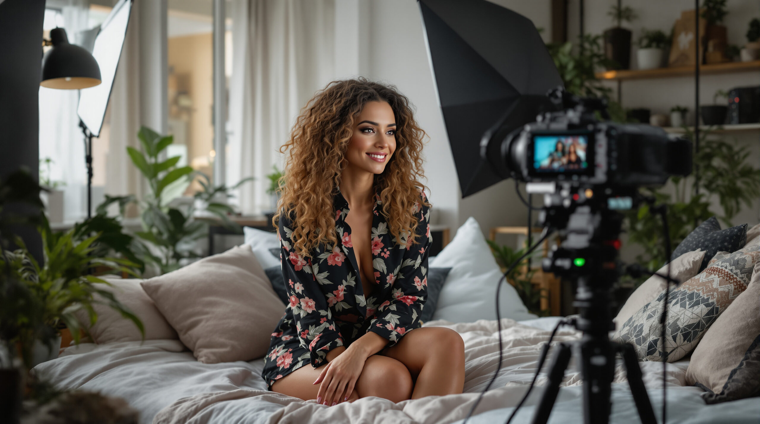 Creator filming a short beauty video in a realistic bedroom studio