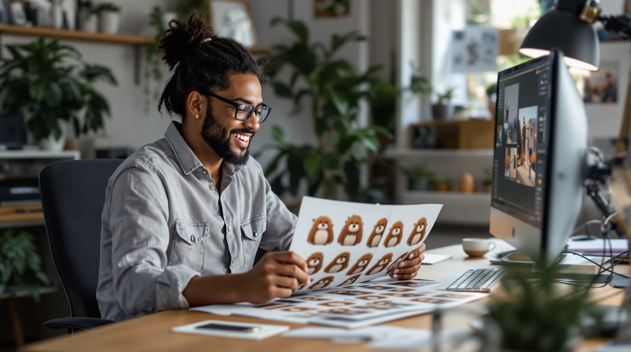 Creator comparing repeated furry character renders at a desk