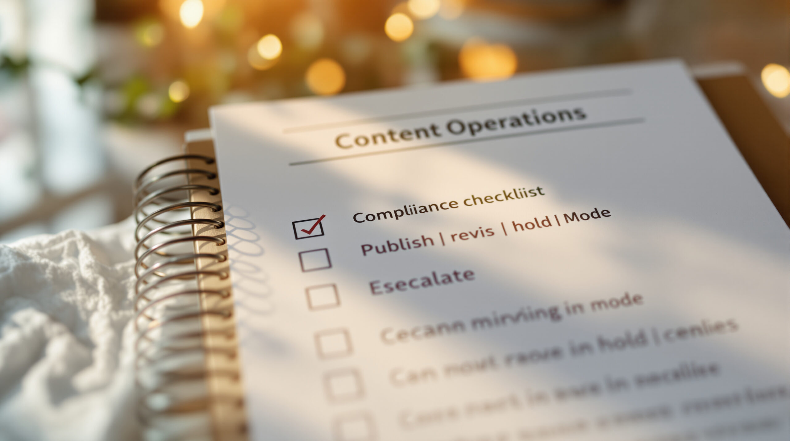 A completed pre-post checklist leads to publish, revise, hold, or escalate decisions.