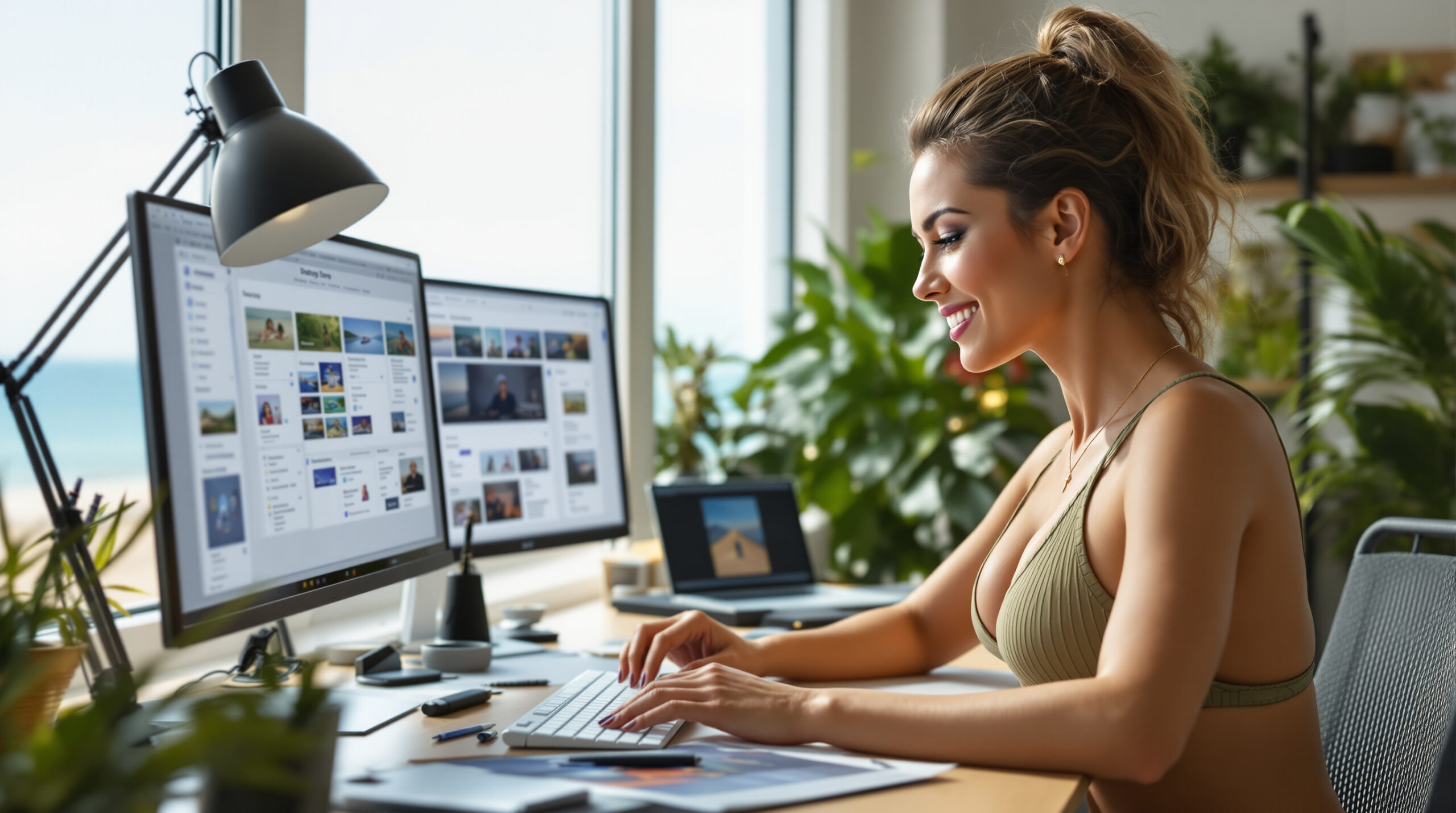 Creator reviewing an organized media workflow at a home desk