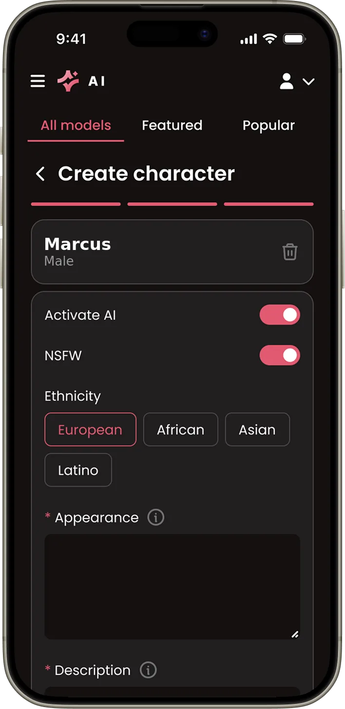 Male AI character profile page Male AI character profile page