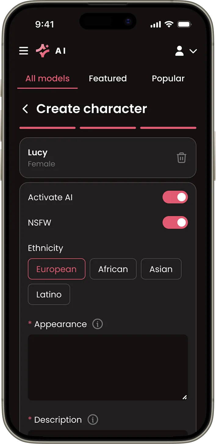 Adult AI video generator prompt screen