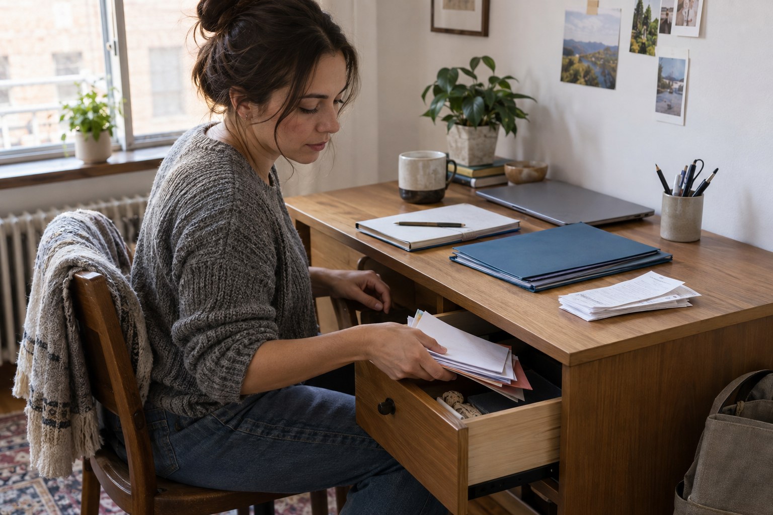 Creator separating personal and business materials at a desk