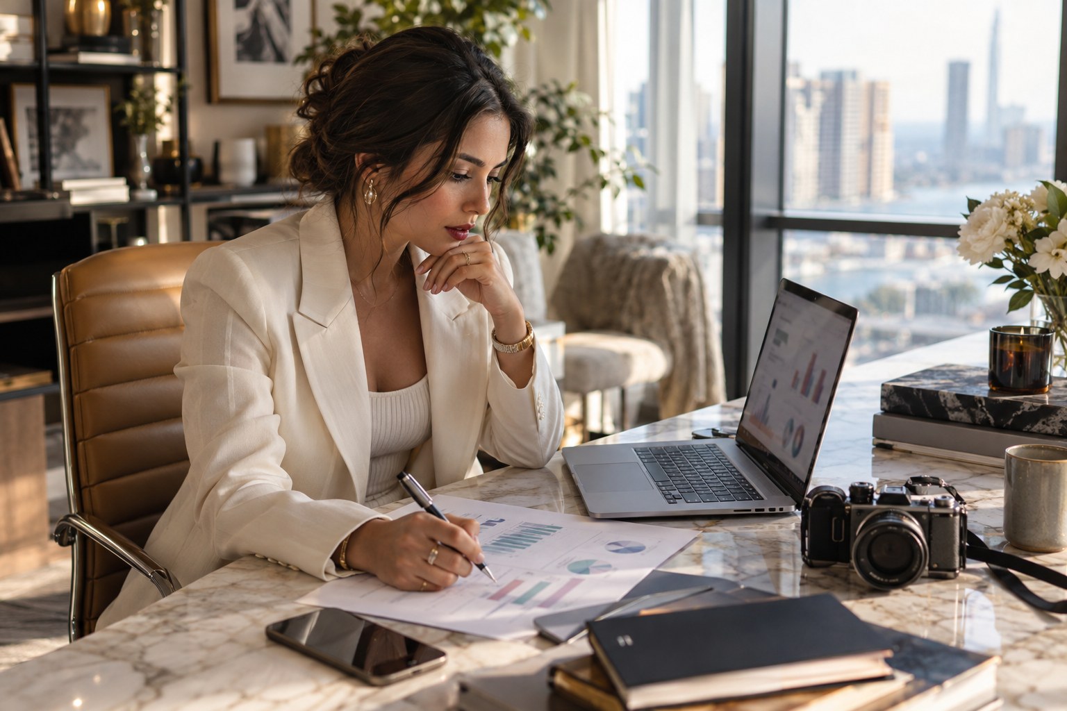 Creator completing a monthly acquisition review at a desk