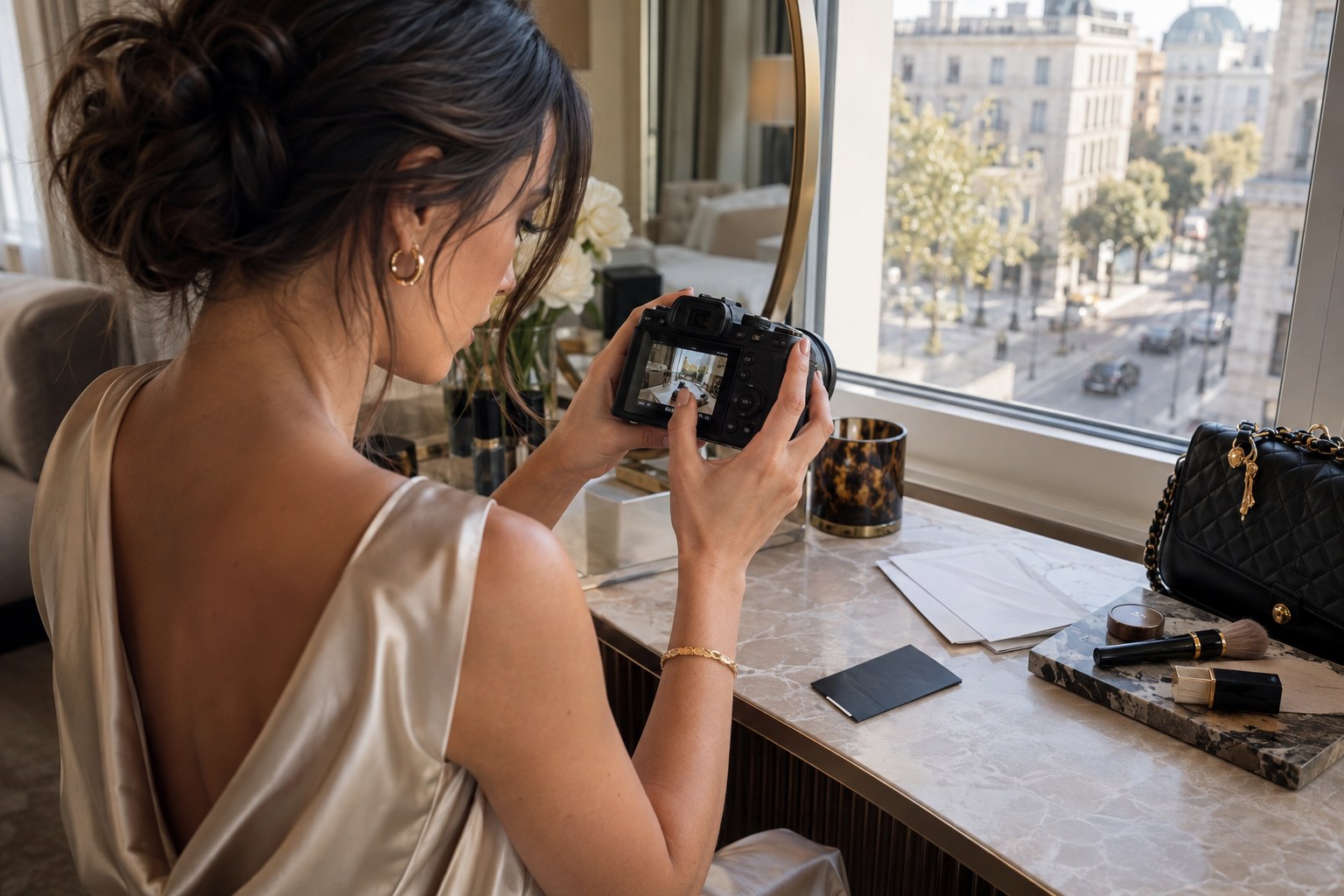 Creator checking a photo for identifying background details