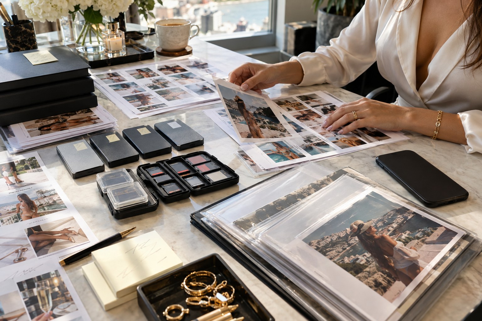 Hands sorting a creator content migration inventory