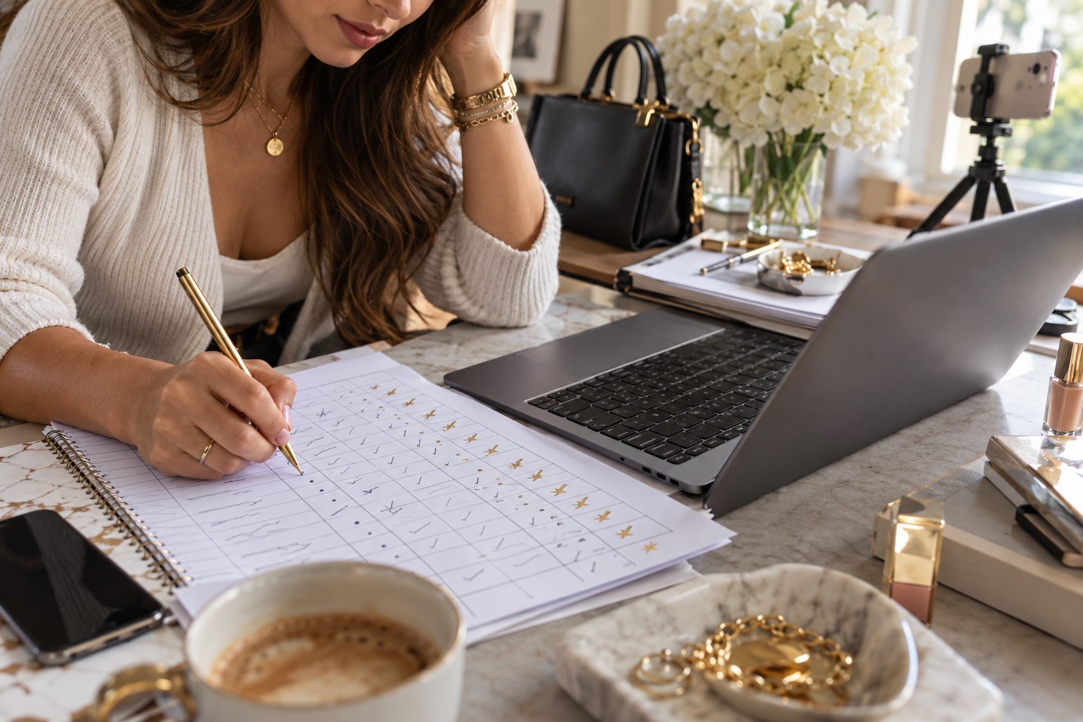 Handwritten backlink scoring sheet beside a laptop