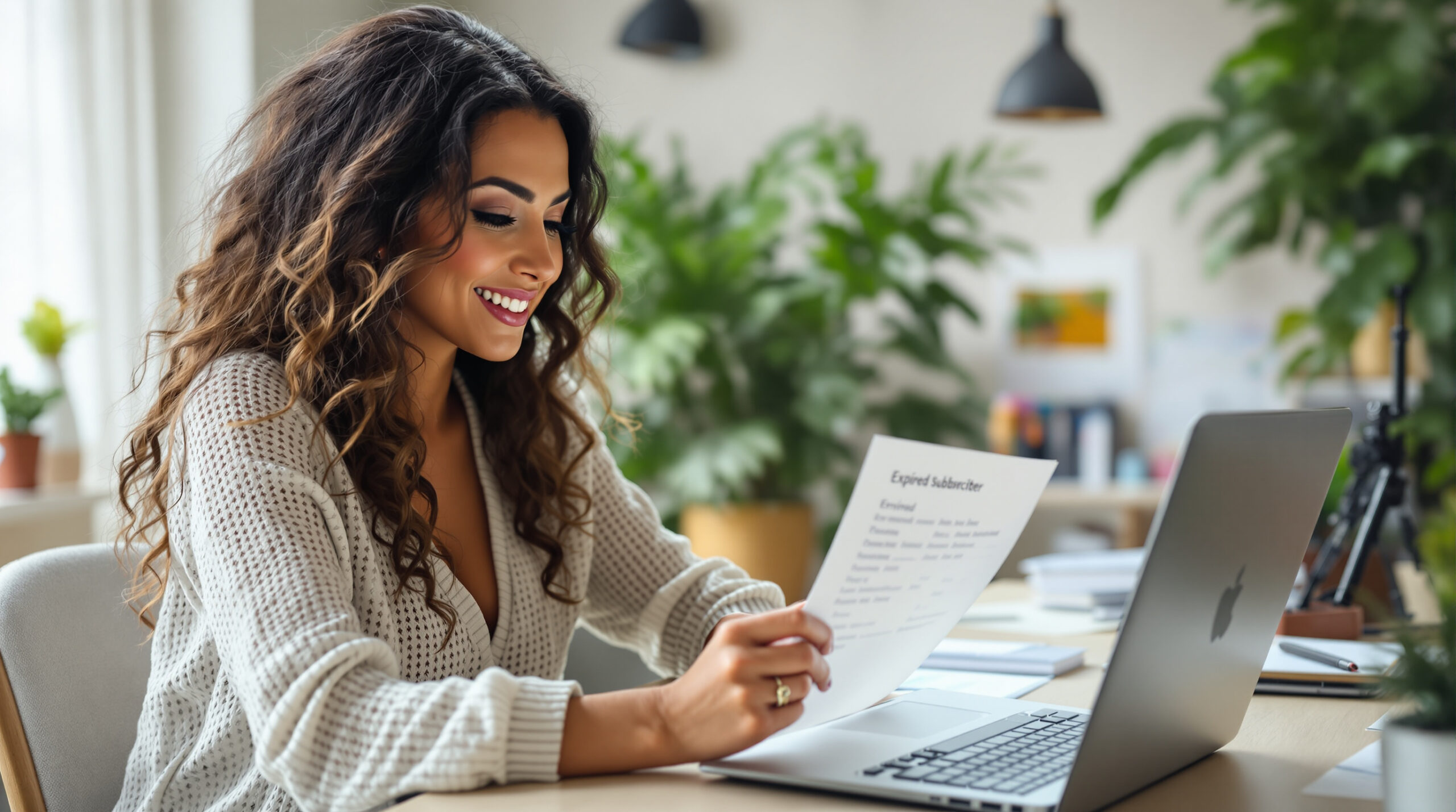 Creator reviewing an expired-subscriber worksheet at a home studio desk