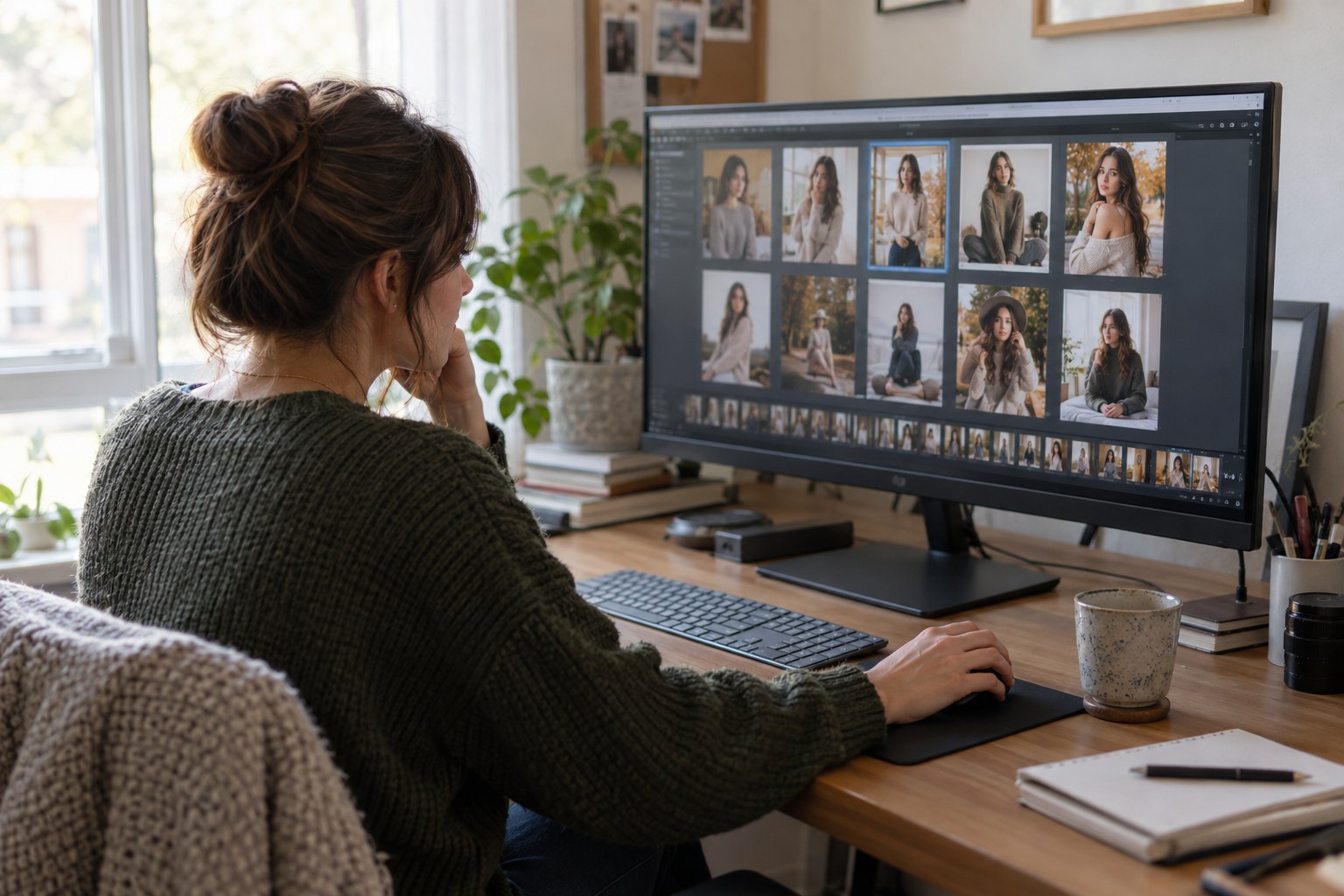 Creator selecting preview photos at a home workstation