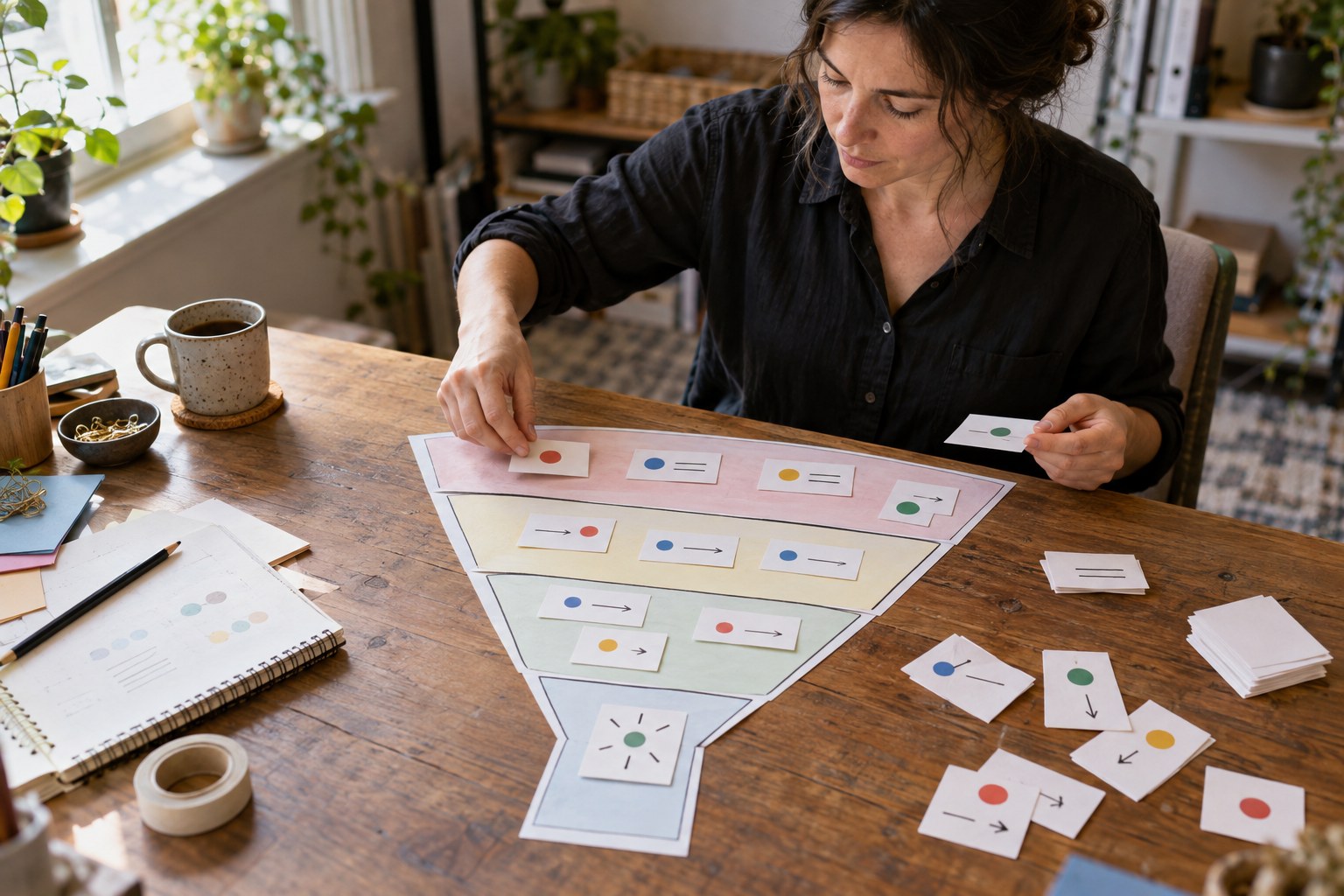 Creator sorting promotion tasks into stages on paper