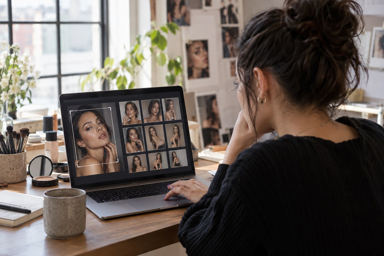 Creator selecting safe preview crops on a laptop