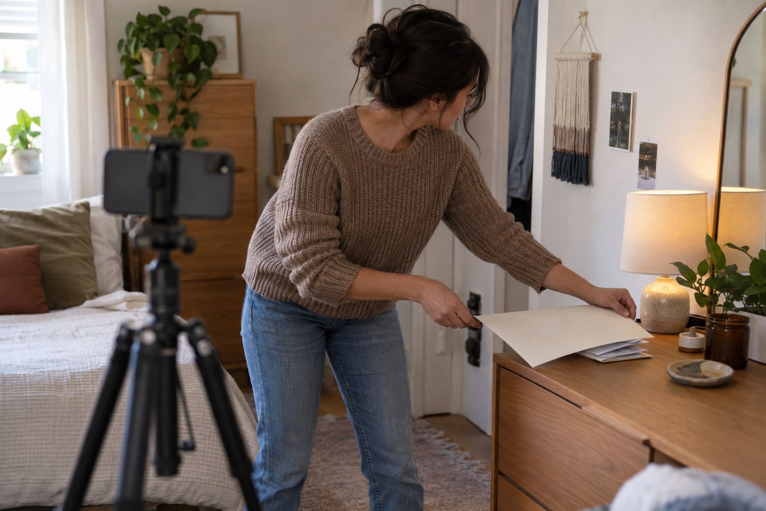 Creator checking a room for privacy clues before filming