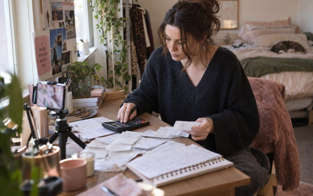 Creator calculating subscriber acquisition costs at a home-studio desk
