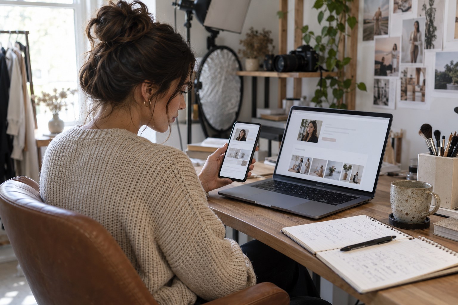 Creator checking a published partner page on a phone and laptop