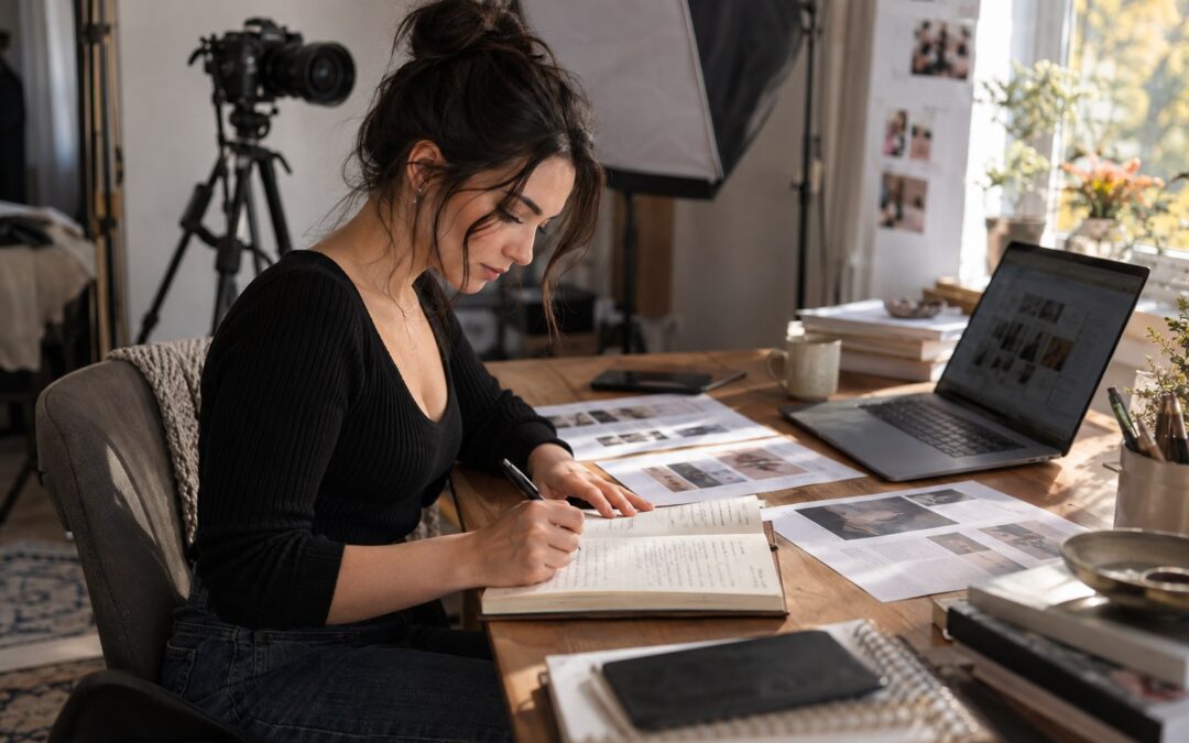 Creator reviewing a backlink outreach ledger in a home studio
