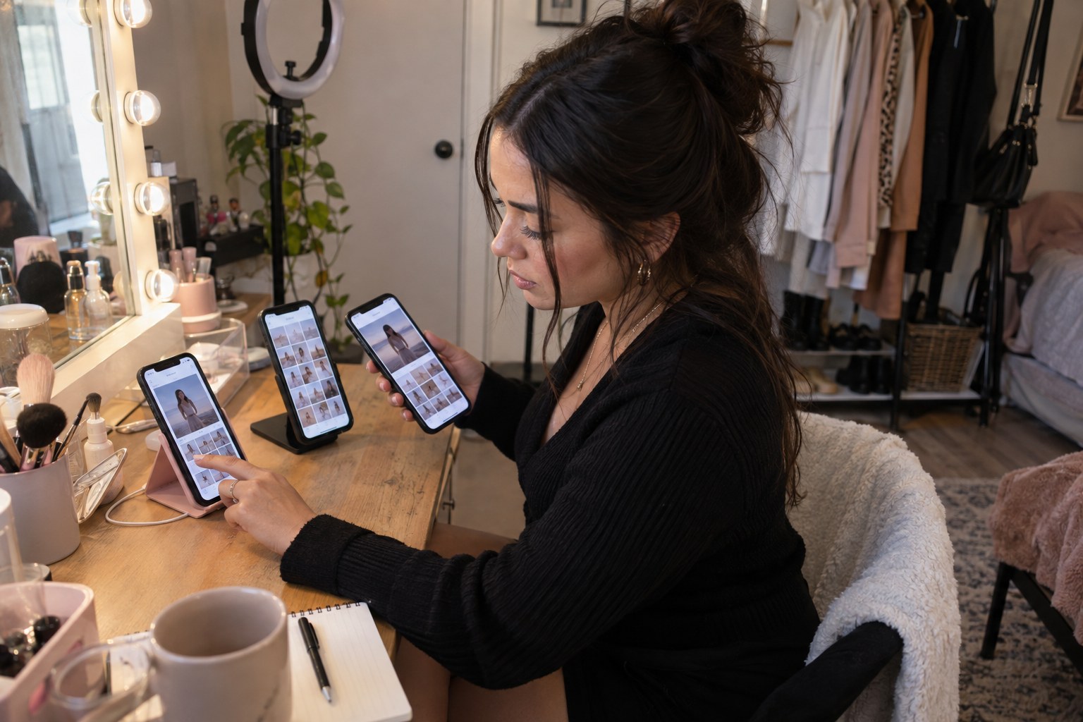 Creator scheduling promotional content across three phones