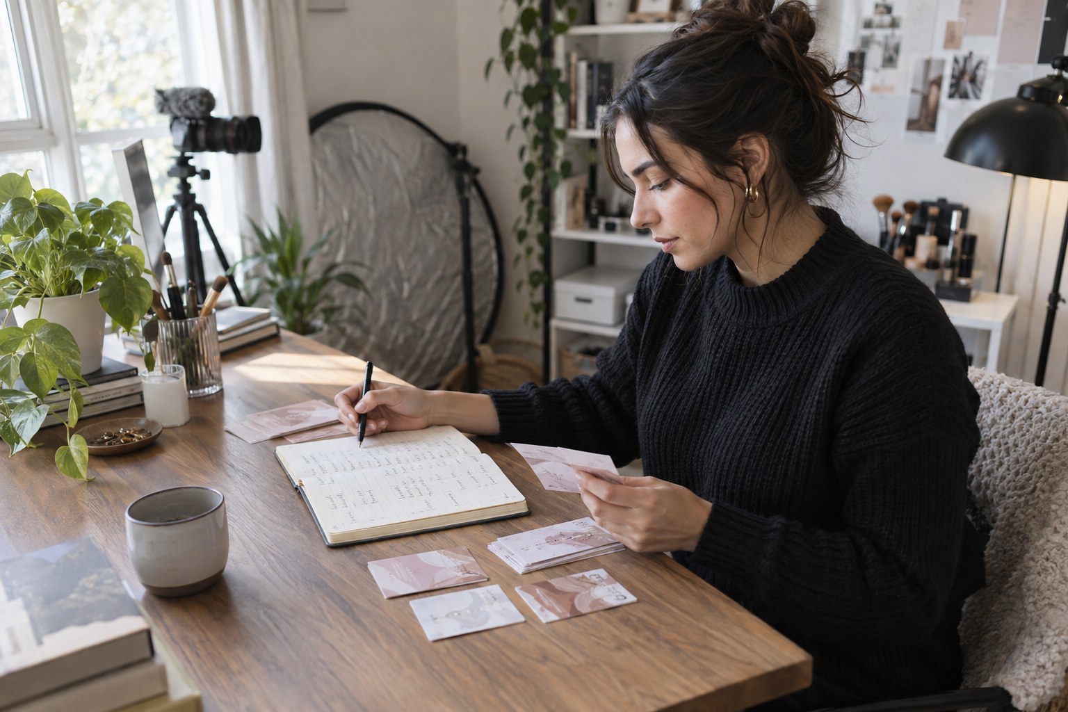 Creator reviewing coded campaign links in a notebook