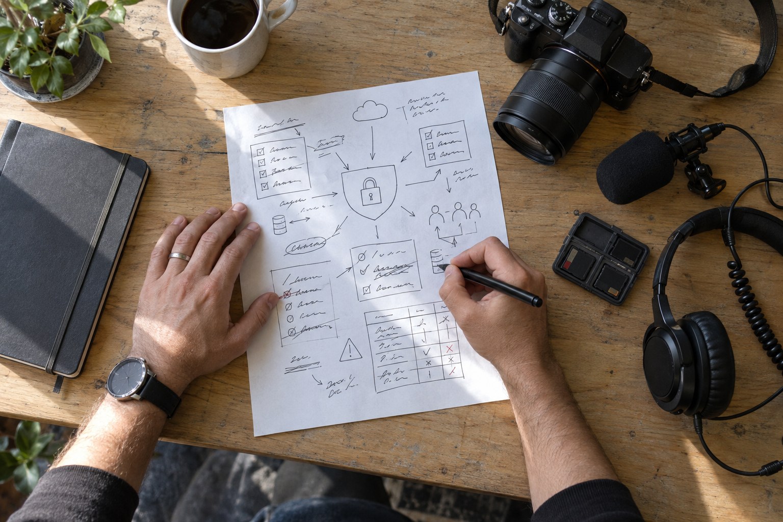 Privacy worksheet being completed beside creator equipment