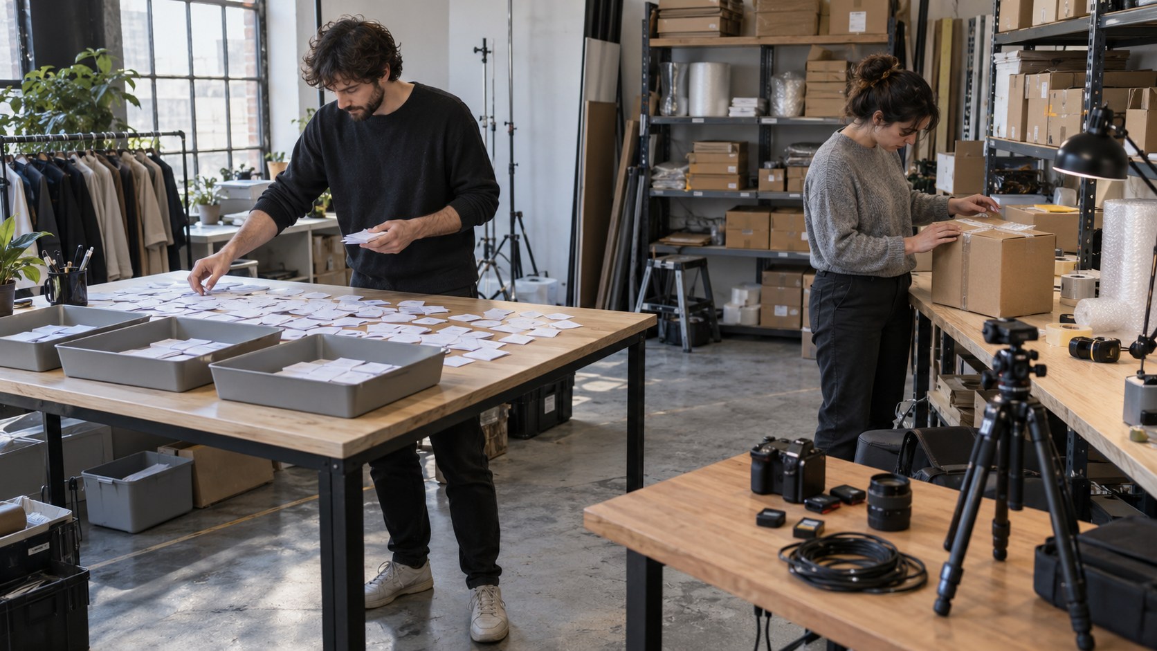 Creator sorts giveaway entry slips while an assistant checks a sealed prize parcel beside prepared camera equipment in a daylight studio.