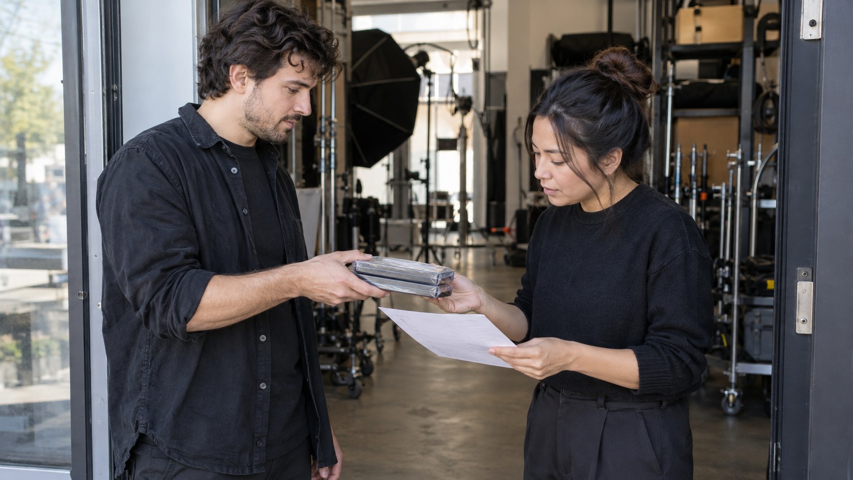 A creator hands sealed media cases to a marketing coordinator checking a paper inventory at the daylight entrance of a working photo studio.