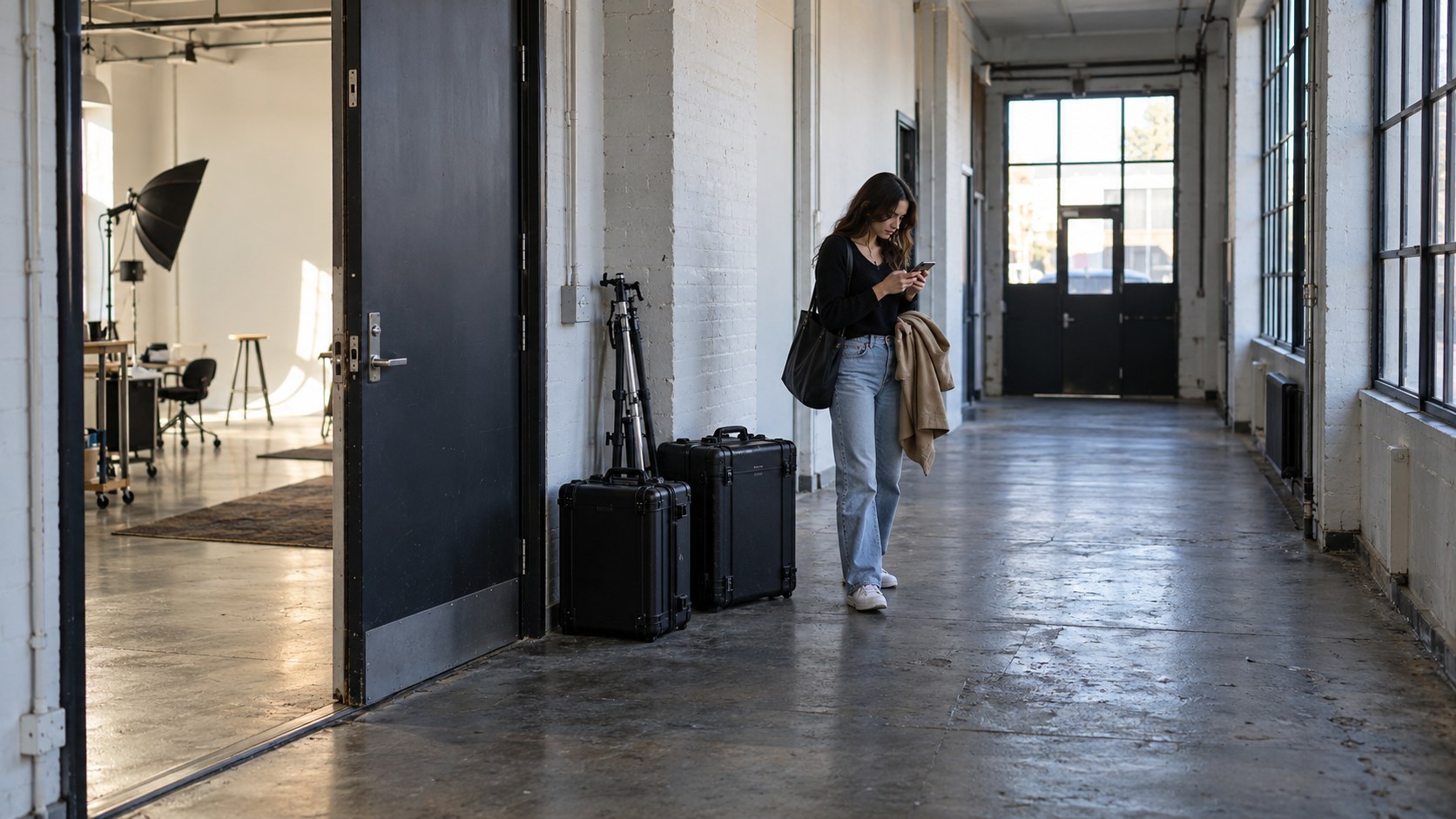 A creator checks a phone beside equipment cases at the open entrance of a daylight rental studio, framed by a long industrial corridor.