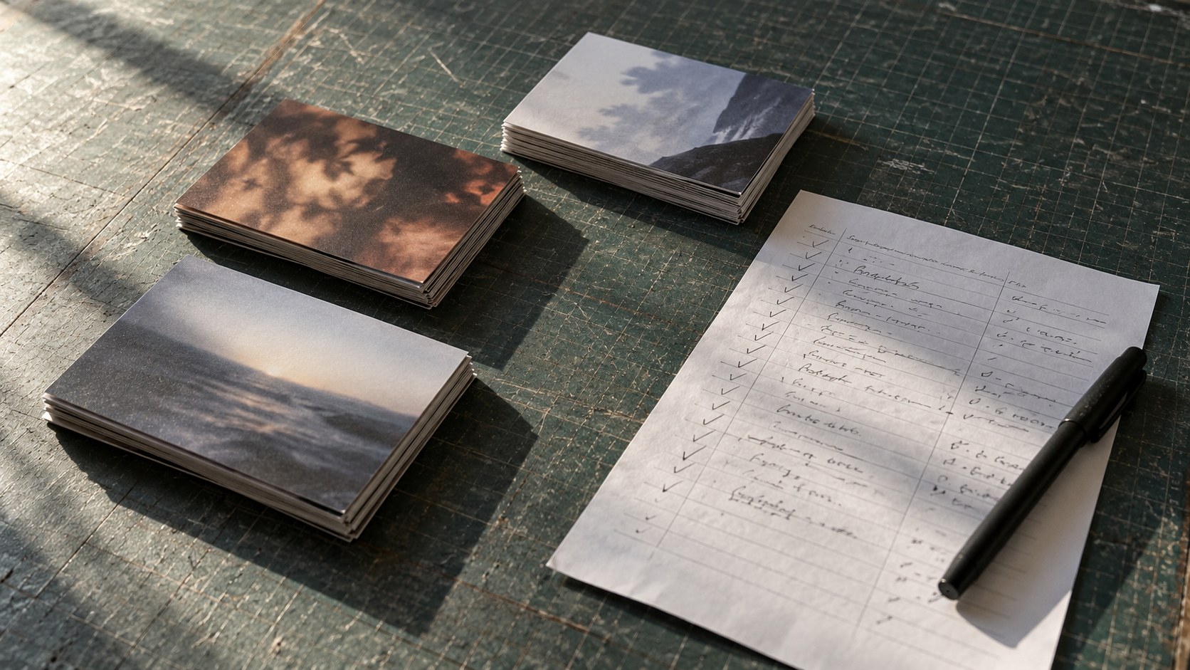Three sorted piles of campaign cards, a marked review sheet and a capped black pen on a worn cutting mat in directional sunlight.