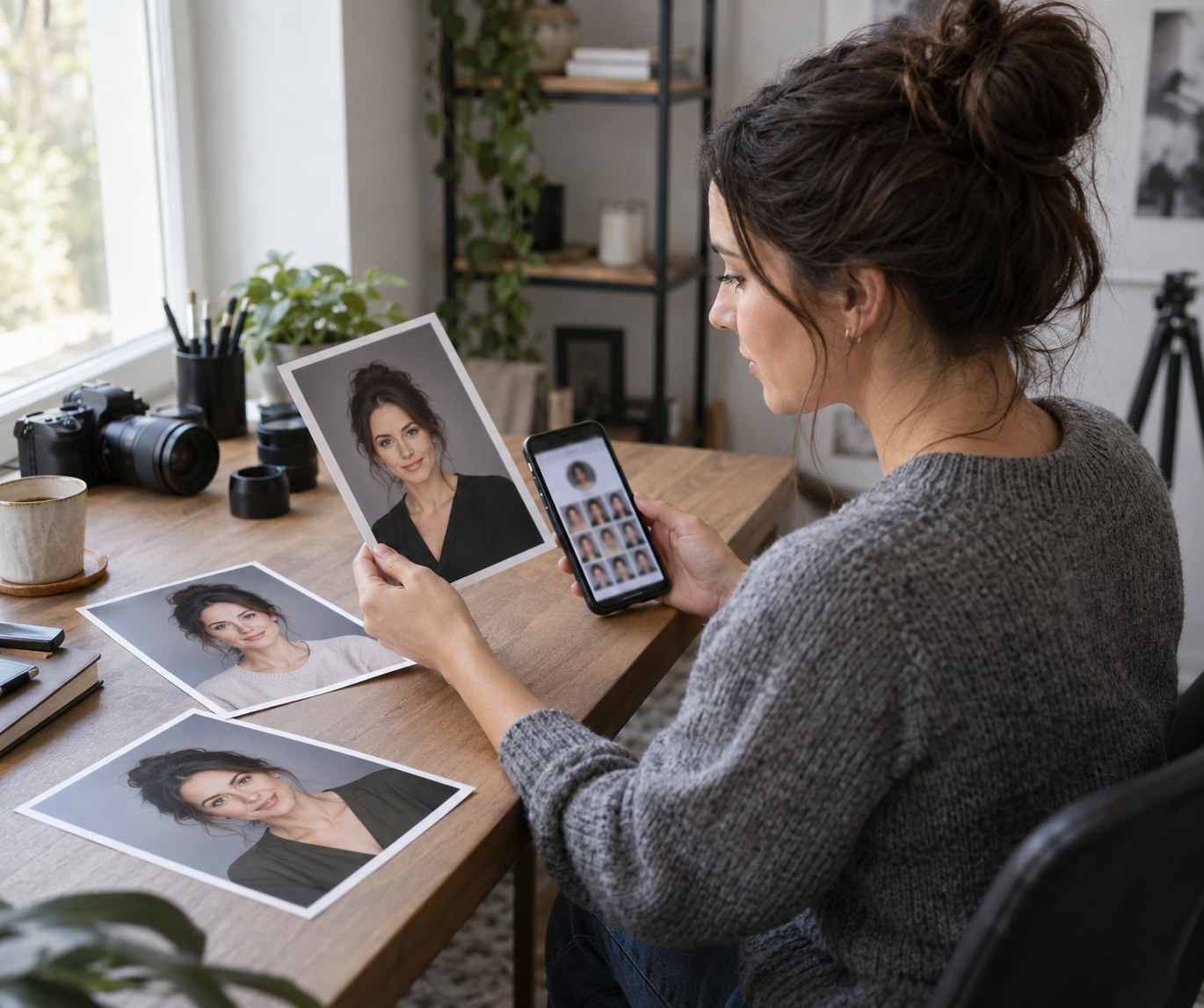 Creator comparing promotional photos with profile visuals on a phone