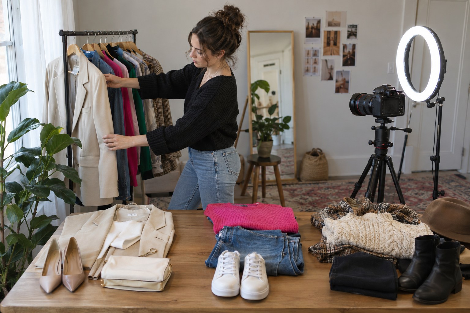 Creator arranging distinct shoot concepts beside a camera and ring light