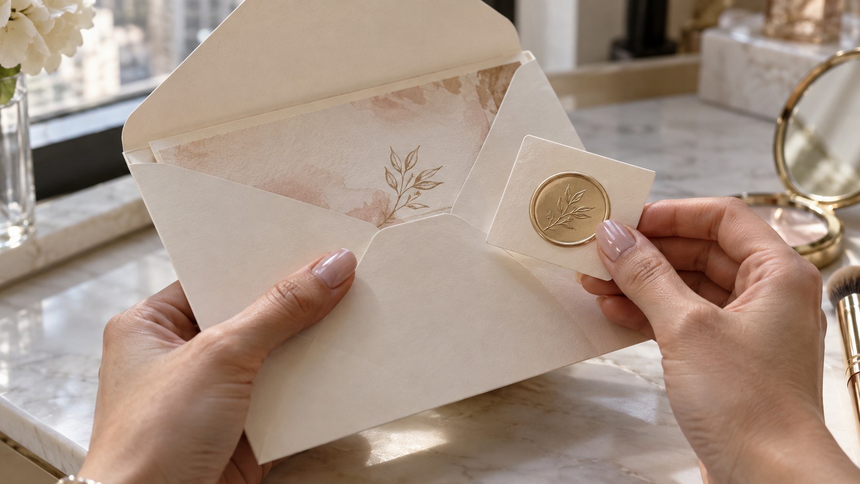 Manicured hands verify a cream invitation package and embossed seal beside a compact mirror and makeup brush in.