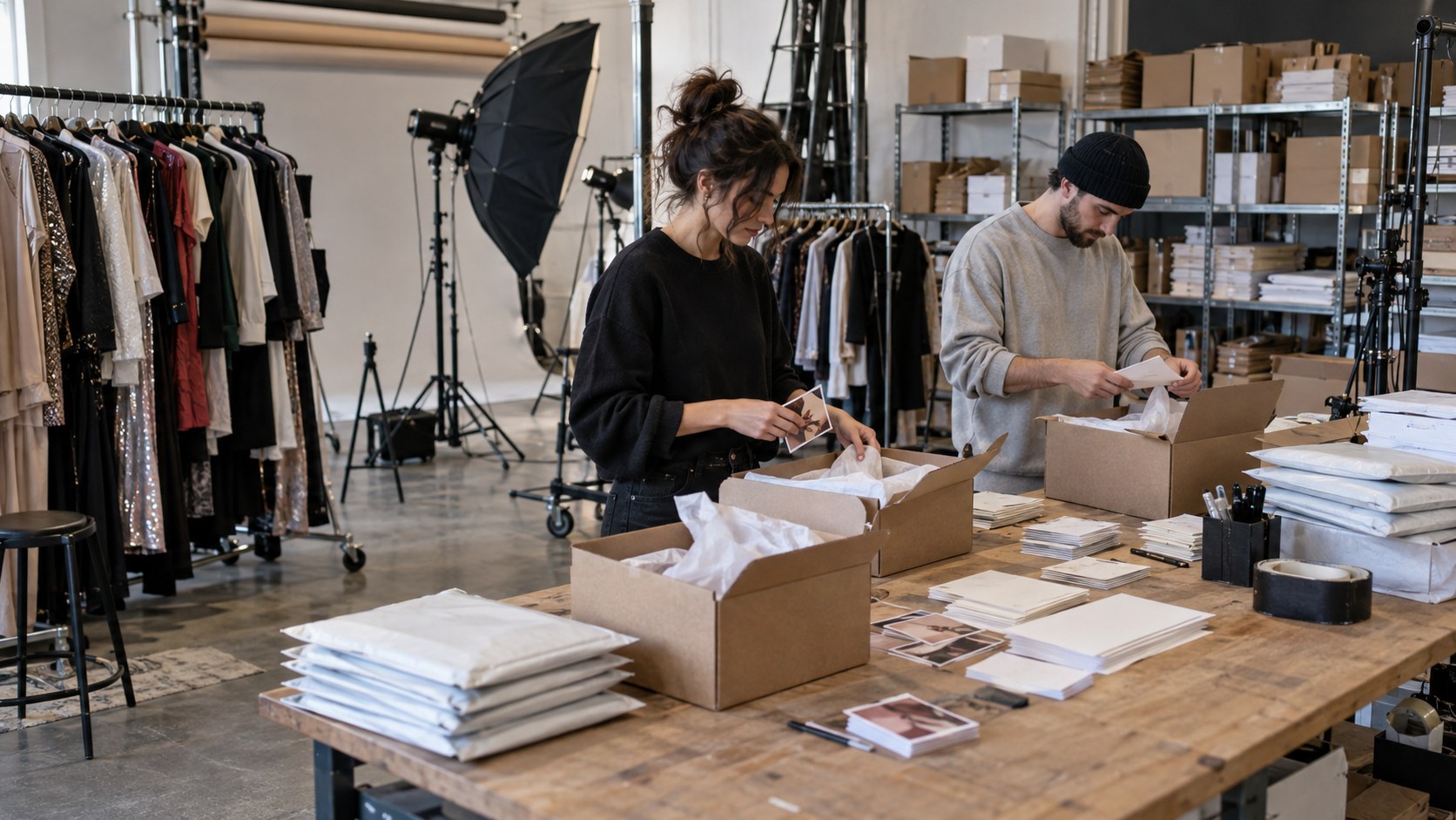 Creator and assistant pack envelopes and referral cards into parcels in a daylight studio lined with wardrobe rails.