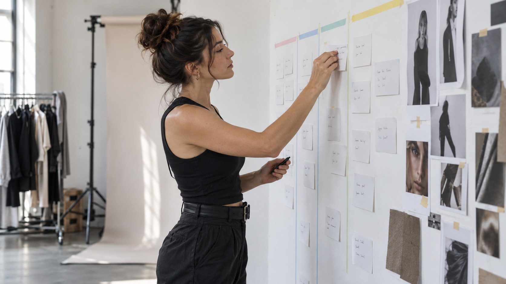 A fashion content creator stands in profile, arranging production notes on a studio wall beside lighting gear and a.