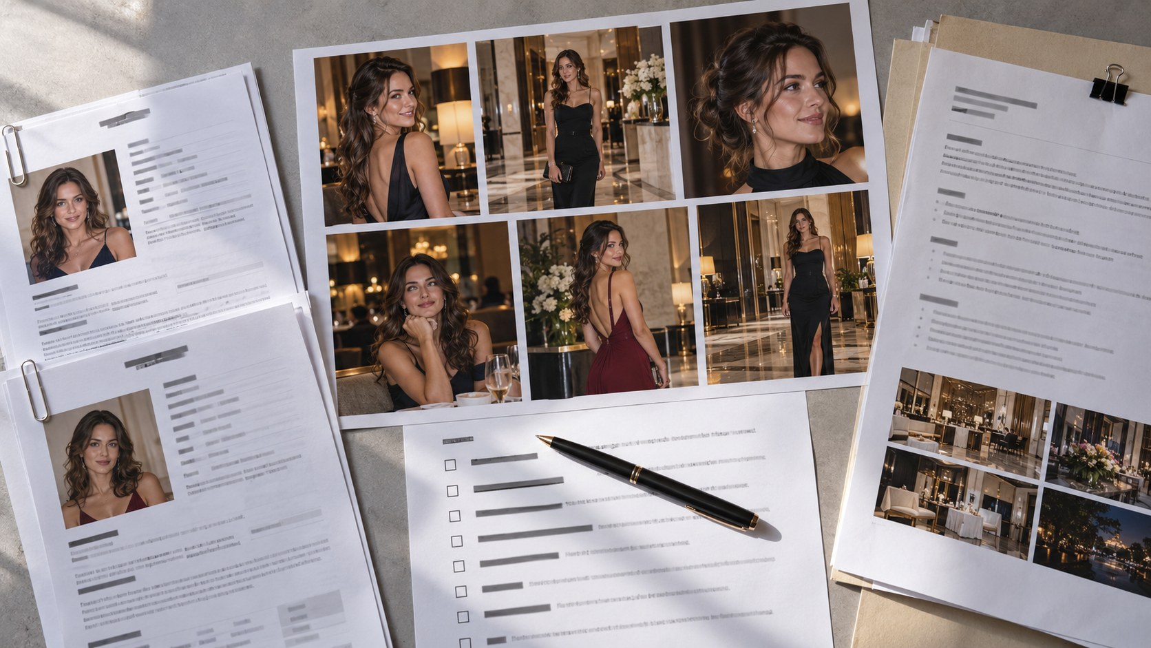 Overhead view of promoter vetting packets, a checklist, and contact sheets featuring a female luxury-lifestyle creator on a sunlit review table.