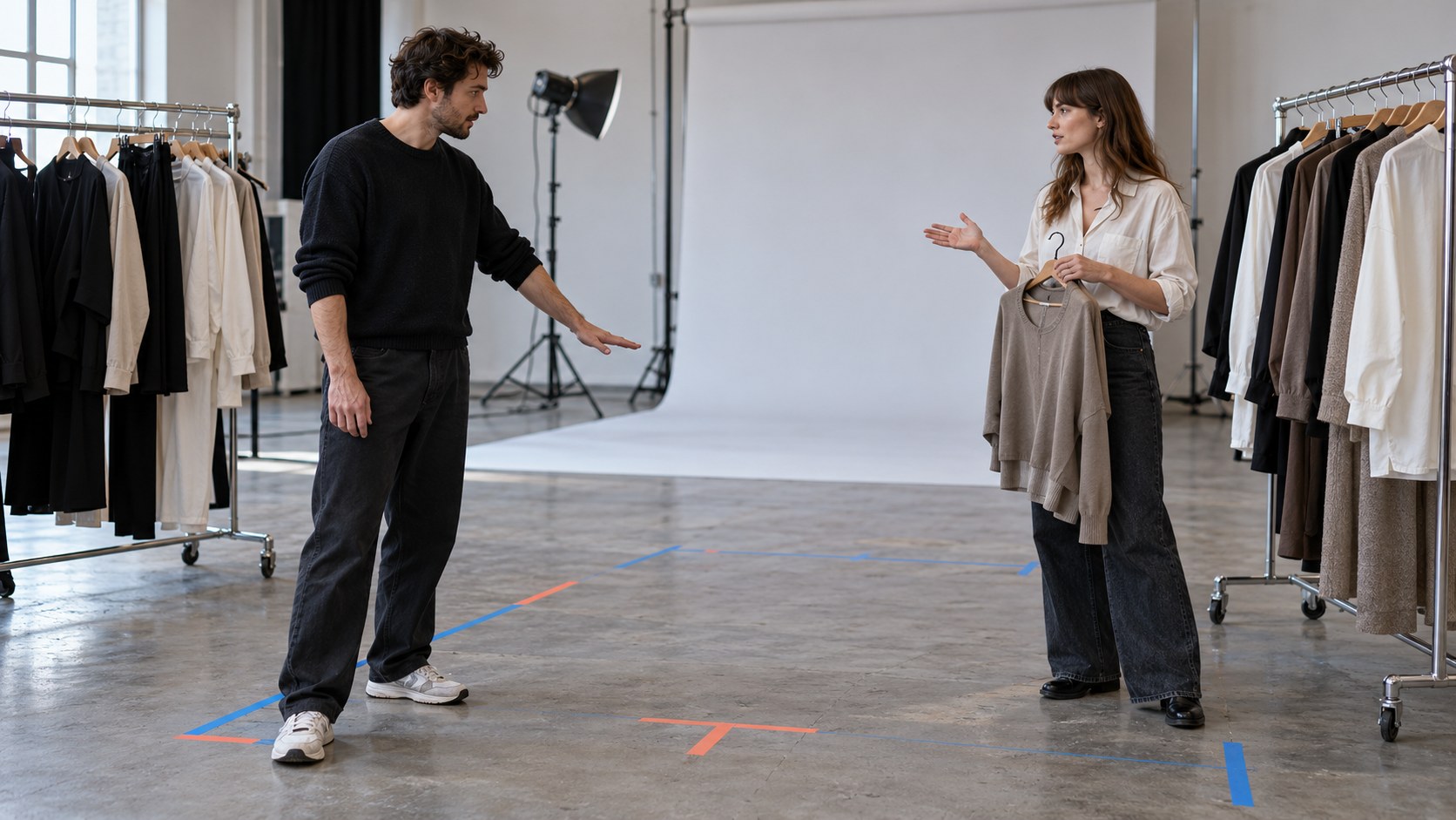 Two adult creators discuss wardrobe and shooting boundaries across taped floor marks in a daylight photo studio, with clothing racks on either side.