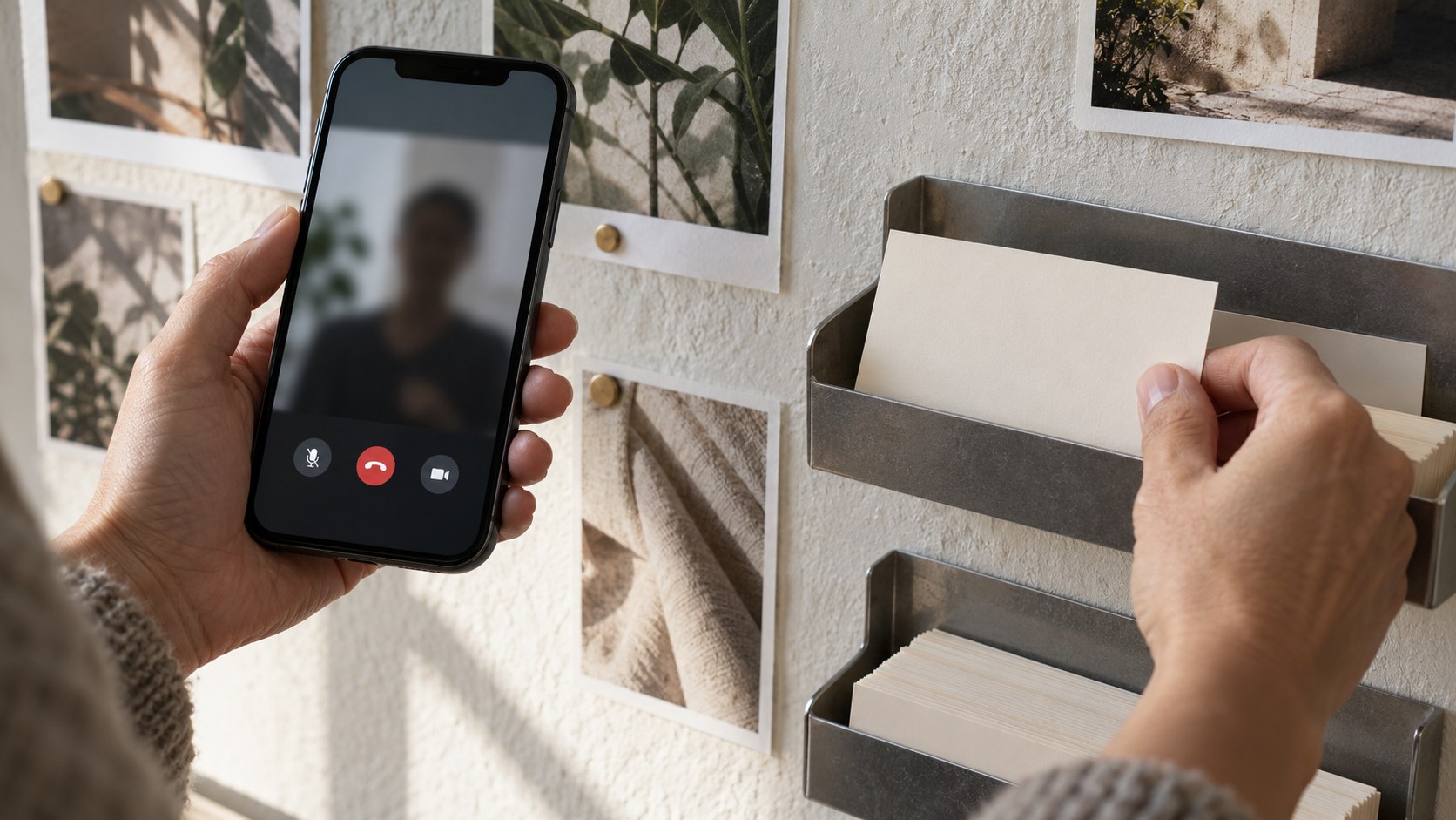 Close-up of hands holding a phone during a private video call while placing a blank contact card into a metal shortlist tray.