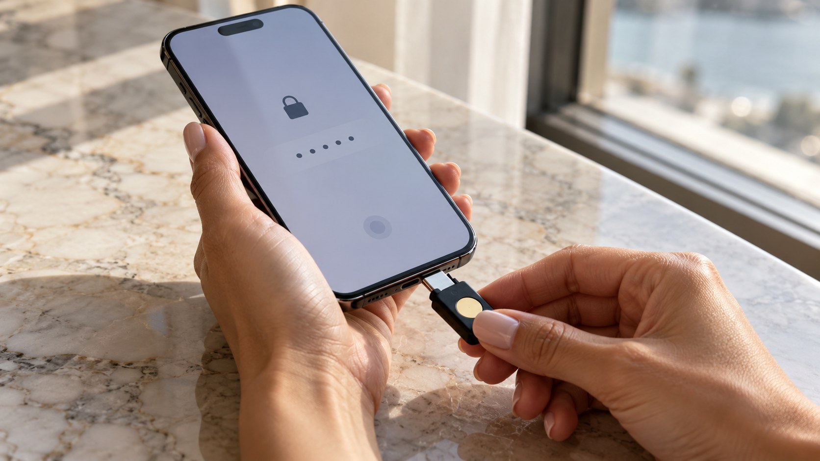 Close-up of a woman connecting a hardware security key to an unbranded phone on a stone counter beside a sunlit window.