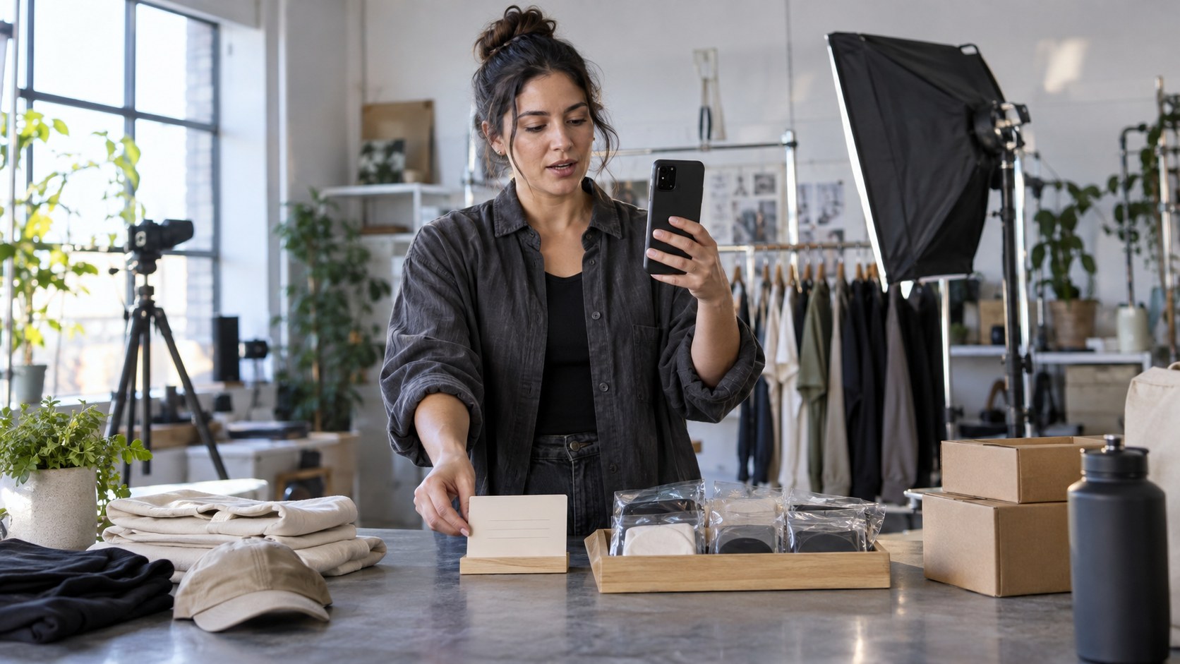 Creator records a vertical video while arranging a signup card and packaged merchandise on a studio counter with lights and wardrobe racks behind her.
